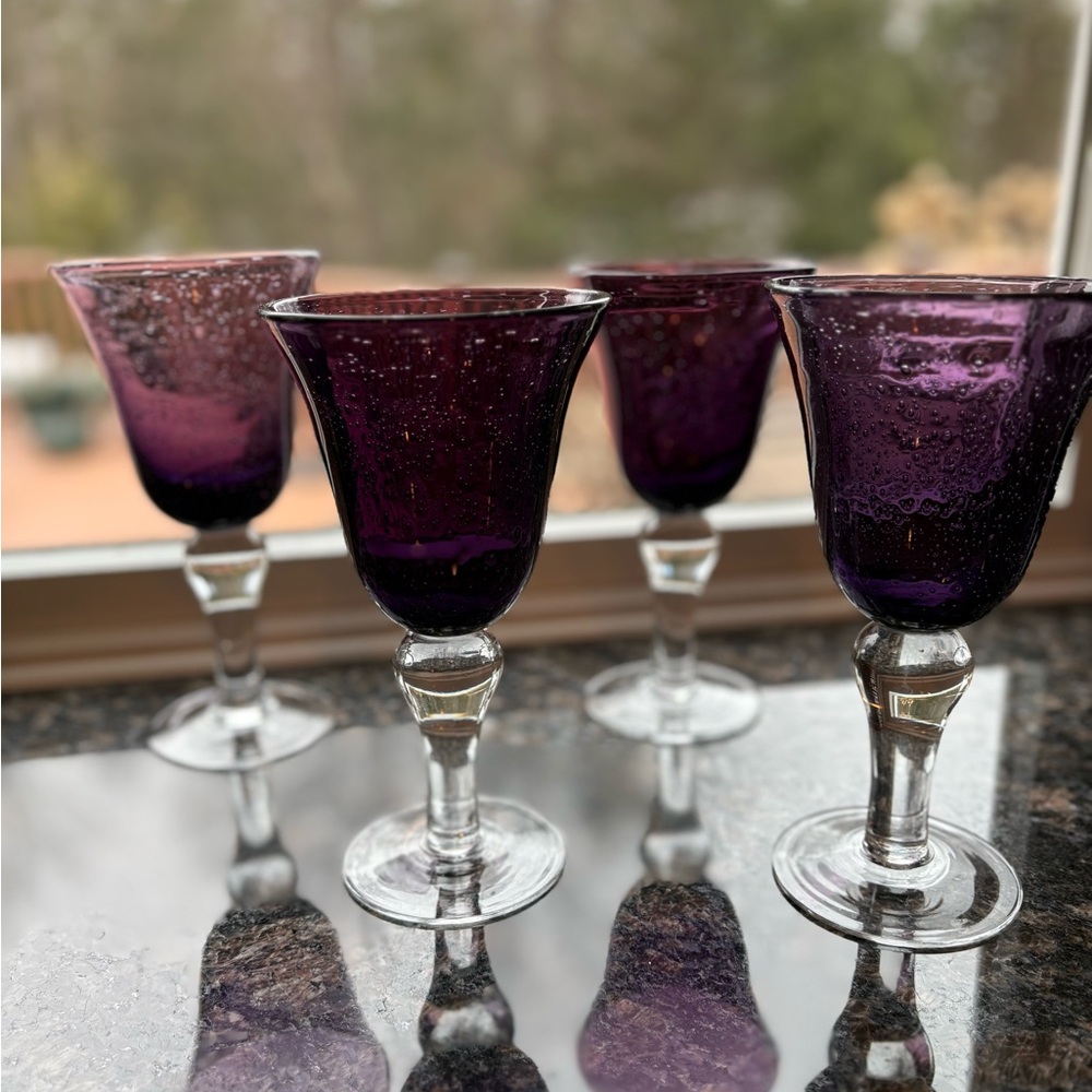 Vintage Artland Bubble Glass Goblets in beautiful Amethyst Purple. Set of 4.
